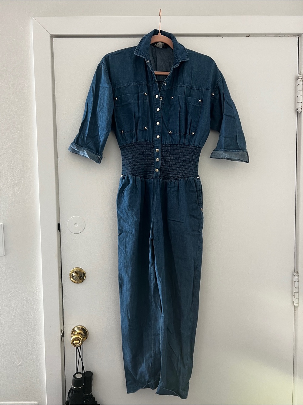Vintage Denim Jumpsuit with Smocked Waist - Deep Blue